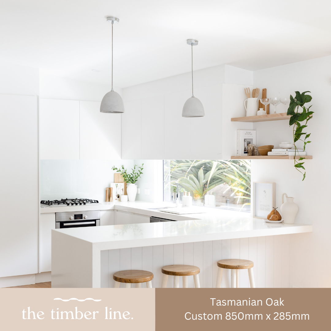custom tasmanian oak floating shelf in white interior kitchen