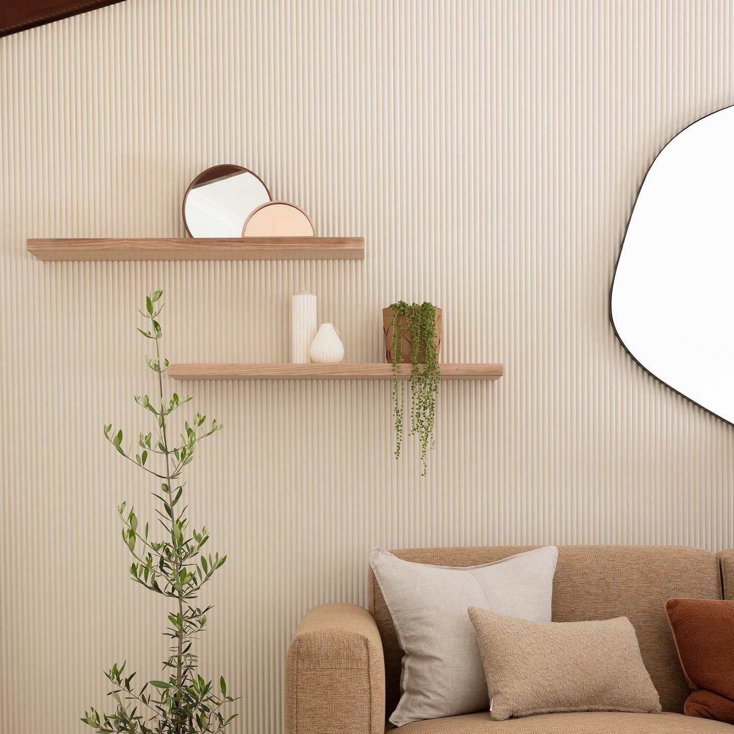 beautiful timber floating shelves and mirror