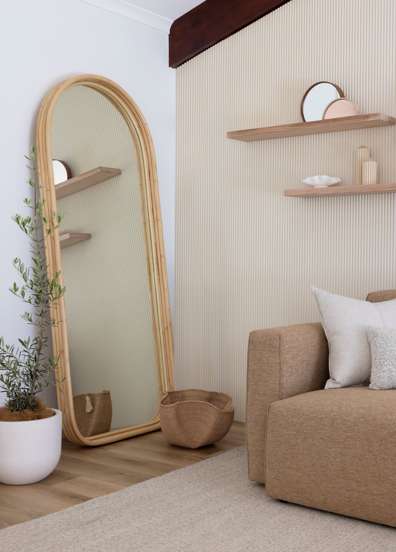 shelf and mirror in room